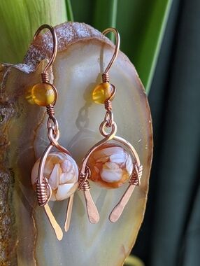 Southwestern Amber Earrings Genuine Copper Artisan Crafted Jewelry